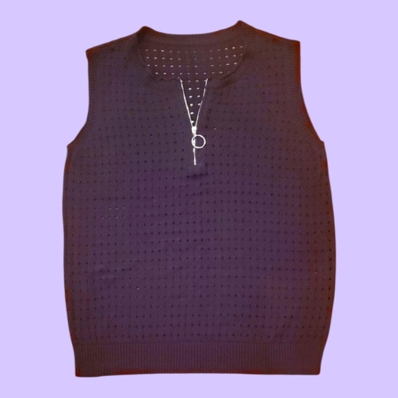 Black Crochet Sleeveless Tank Top Quarter Zip. Size Medium - Picture 1 of 2